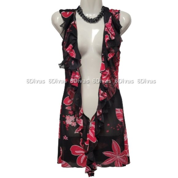 Sheer See Through Red and Black Ruffle Frilly Sleeveless Mini Dress - Picture 1 of 14